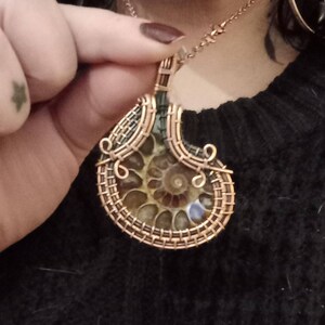 Collana con vero fossile di ammonite, catena placcata oro, gioiello nautico - Italia