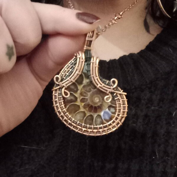 Handcrafted Copper Wire Wrapped Pendant With Natural Ammonite Fossil – Bohemian Jewelry, Gift For Sister