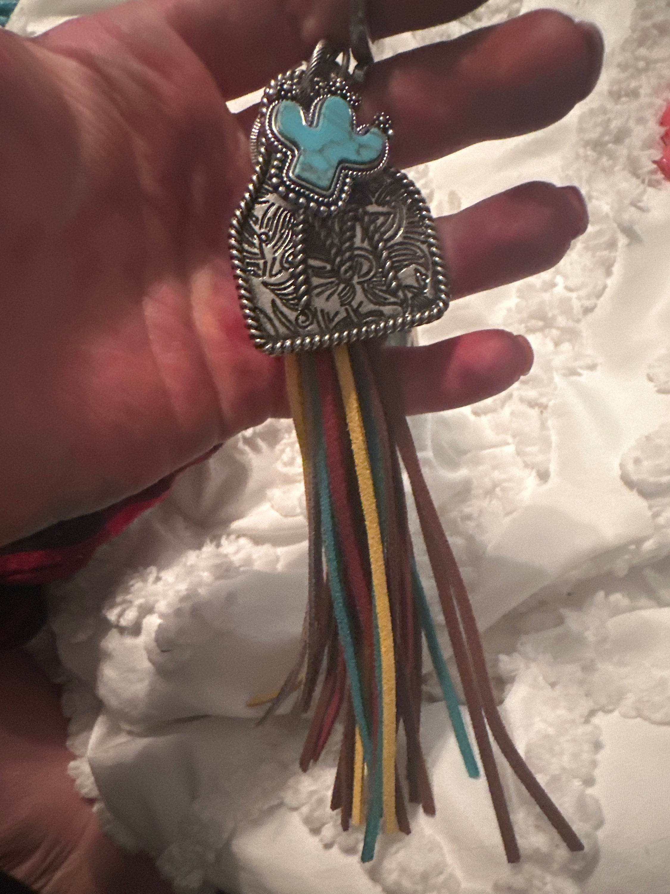 Initial Monogram Keychain/ Turquoise Charm/Initial Cattle Ear Tag Keychain/multi color tassel fringe keychain