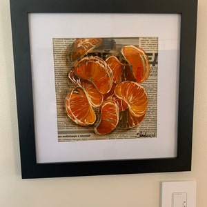 タンジェリンの絵 オレンジの絵 オリジナル油絵 柑橘類の絵 新聞紙
