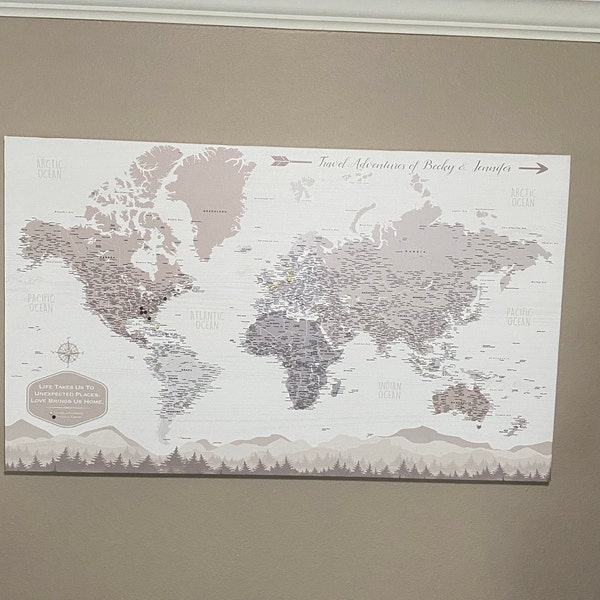 Farmhouse Push Pin World Map Personalized Canvas, Travel Gift, Rustic ...