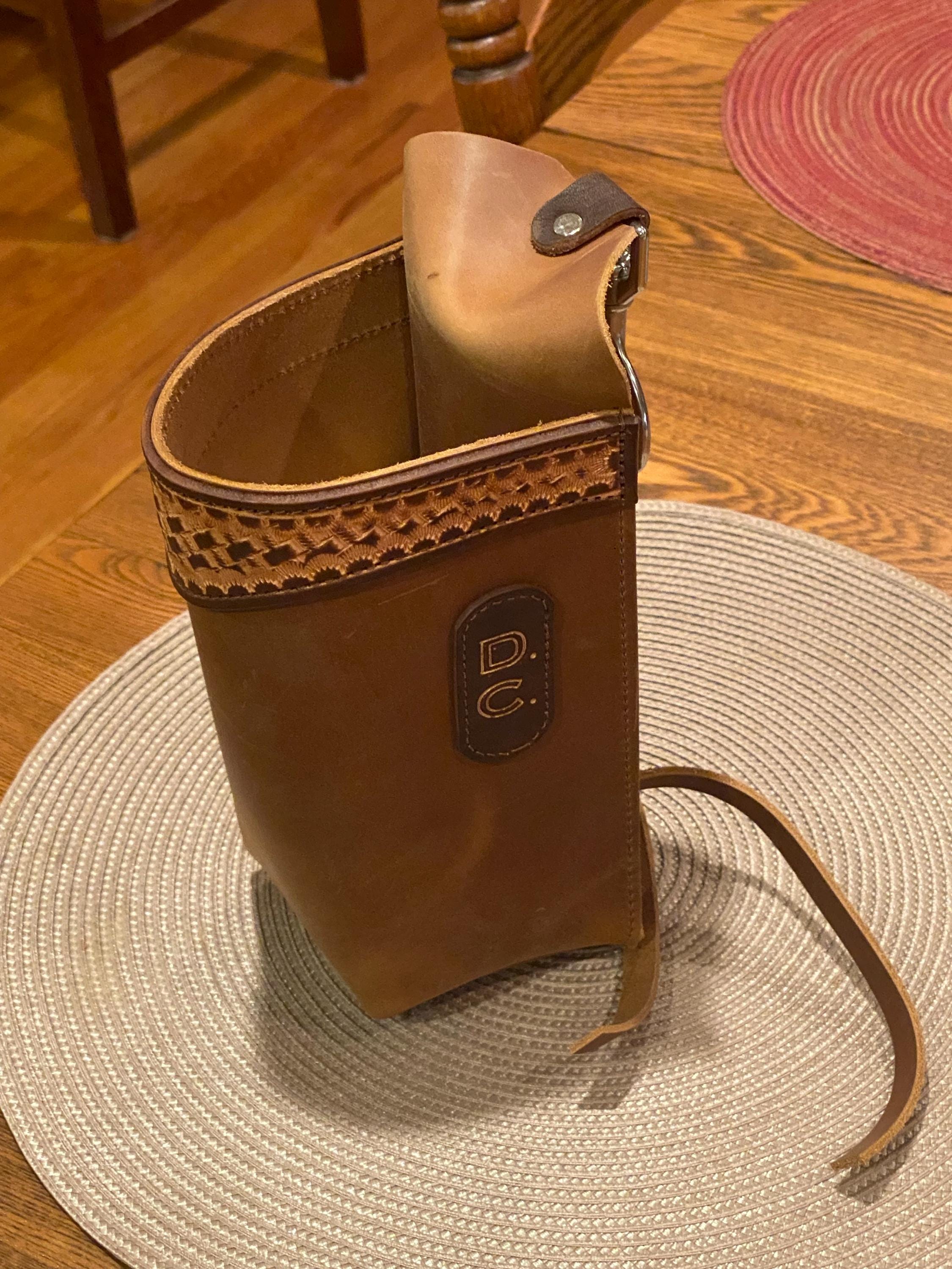 Leather Bottle Holder, Hand Tooled Trim, Travel Mug, Horn Bag, Clip to Saddle , Amish Handmade, Saddlebag Brown, Made in USA, Tie Down Strap