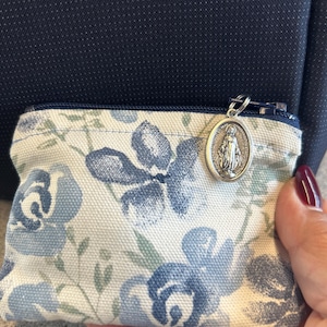 Hand-Sewn Blue Floral Rosary Pouch with Marian Zipper Pull | Catholic Rosary Pouch | Rosary Case | Coin Purse