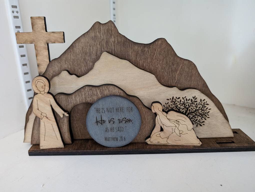 Empty Tomb &quot;He is Risen&quot; Decoration with Cross and Olive Tree, Religious, Christian, Easter Display, Easter Tomb, Laser Cut