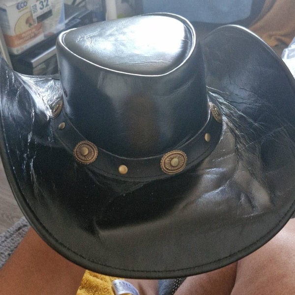 Rocker Black Suede Leather Top Hat Handcrafted Leather Hat , Conchos ...