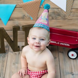 Boys 1st Birthday Circus Party Hat Red Stripes, Burlap, and Aqua Free ...