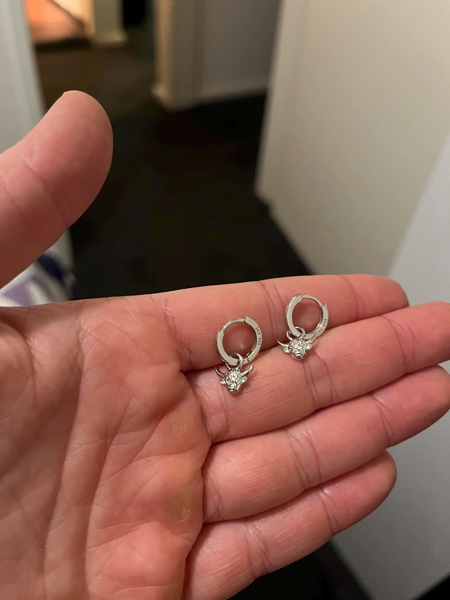 Dangling Highland Cow Huggie Hoops in Sterling Silver, Silver or Gold or Rose Gold, Highland Cow Earrings, Detachable and Interchangeable