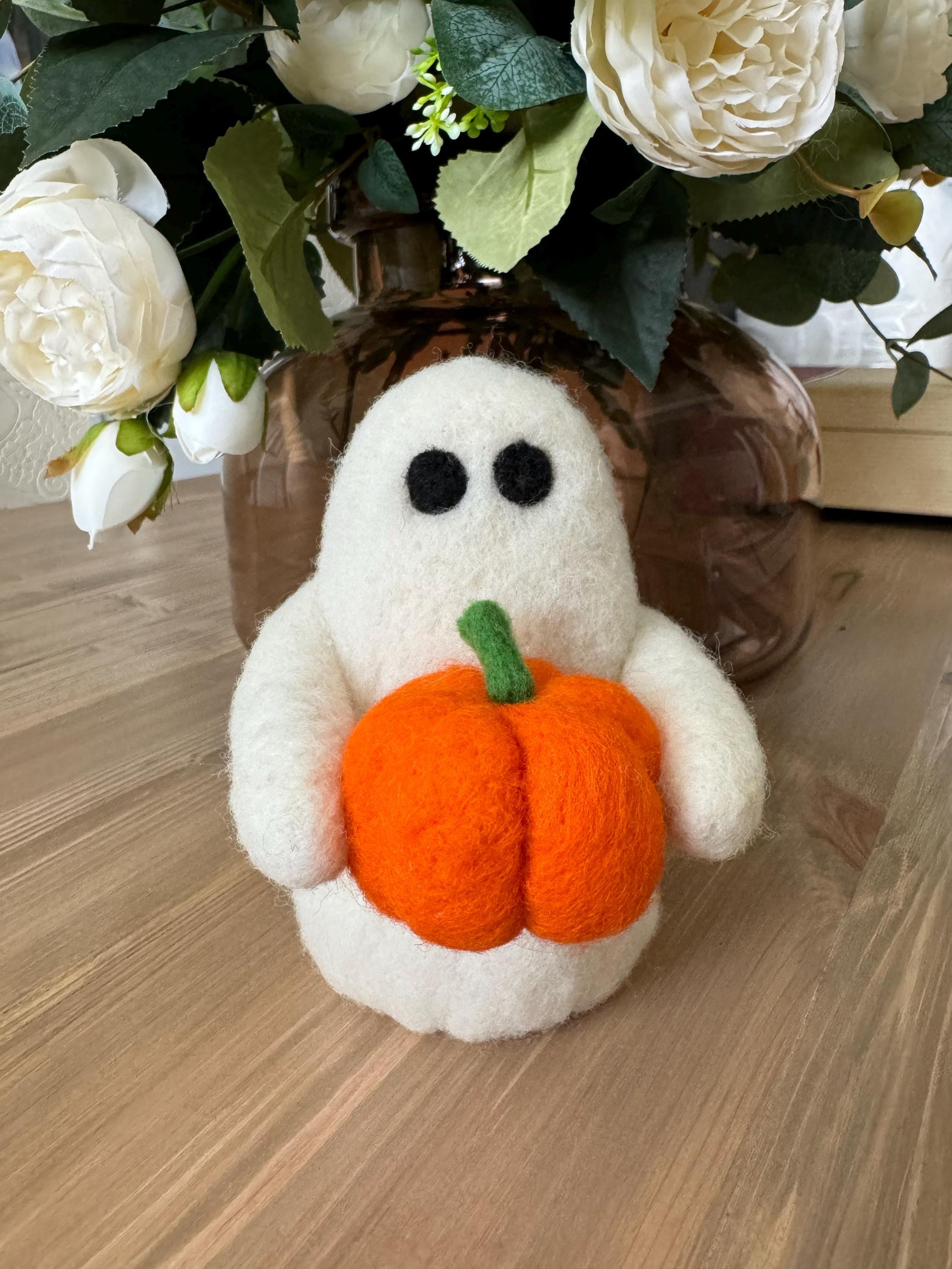 Whimsical Wool Felted Ghosts with Pumpkins | Halloween Decoration