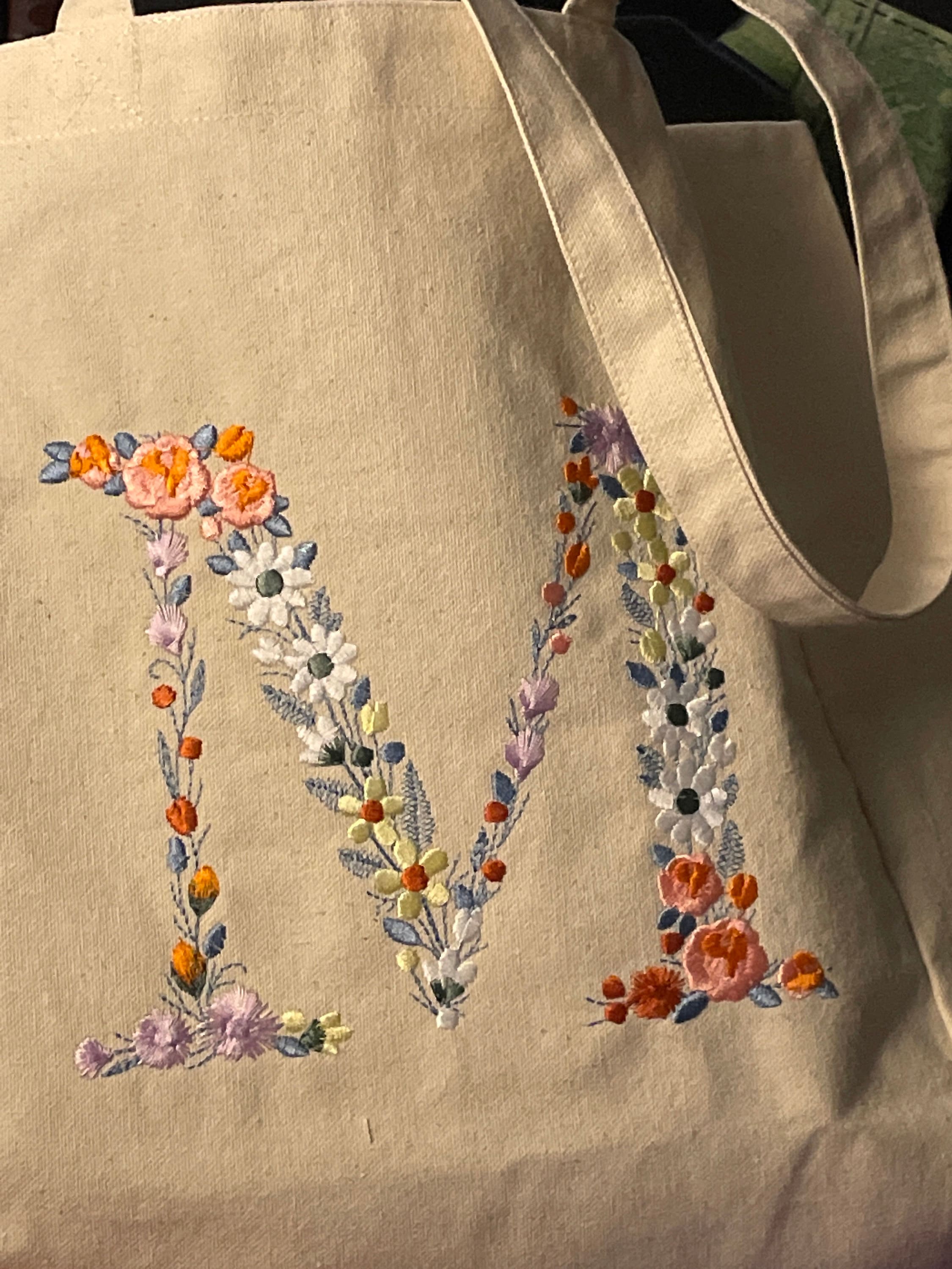Personalized Embroidered Canvas Tote Bag,Monogram Floral,Natural Tote Bag, Cotton Canvas,Shopping Bag,Book Tote, Laptop Bag