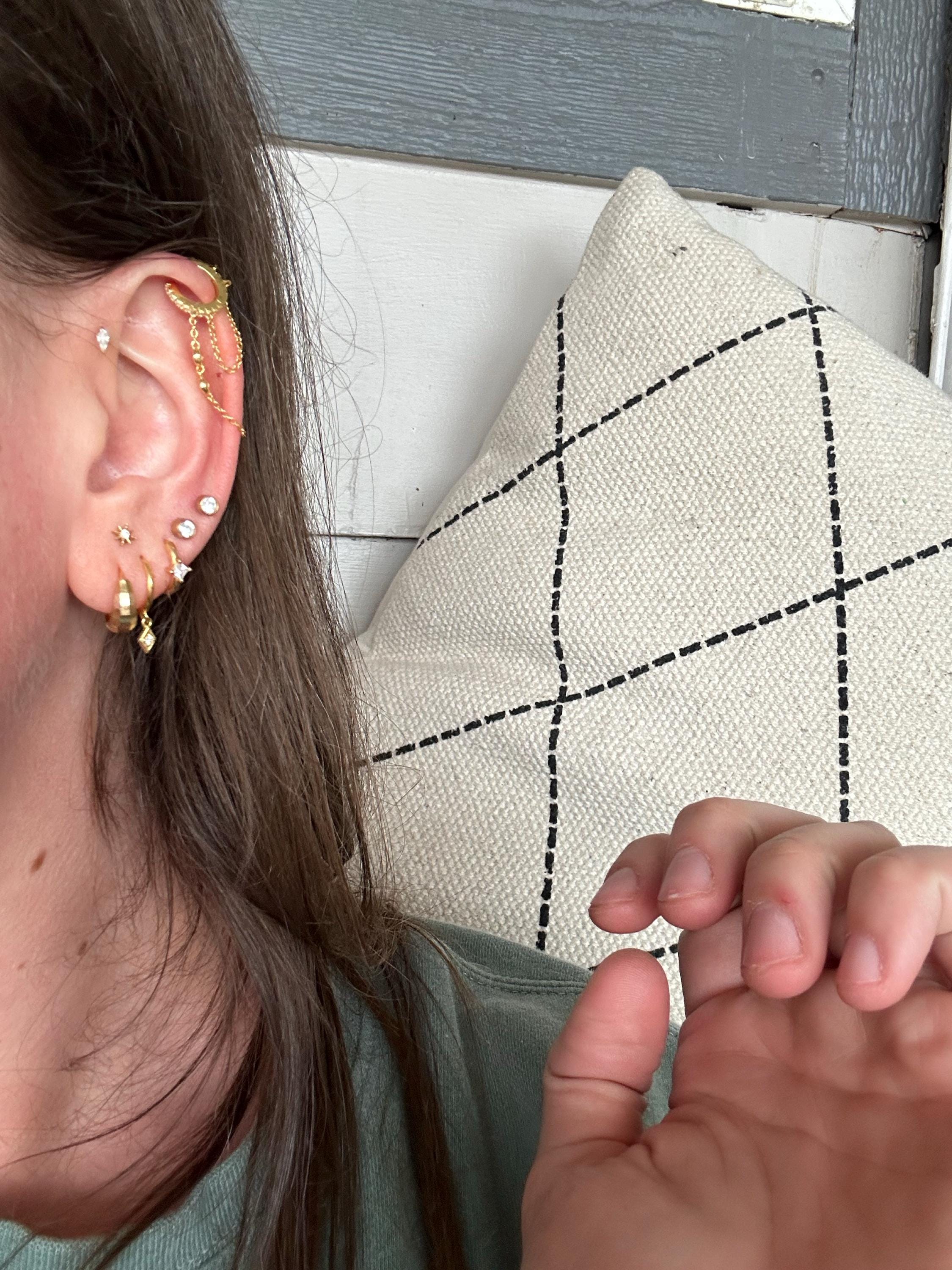 Dainty Pave CZ Helix Huggie Hoop Earrings With 2 Dangling Chains With Bezel CZ