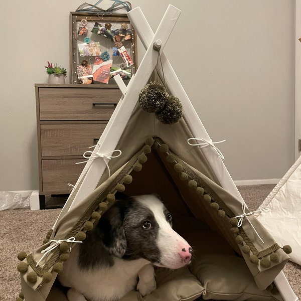 Black Dog Bed With Pom-poms. Boho Chic Dog Teepee Tent. Bohemian French Style Pet Teepee Bed ...