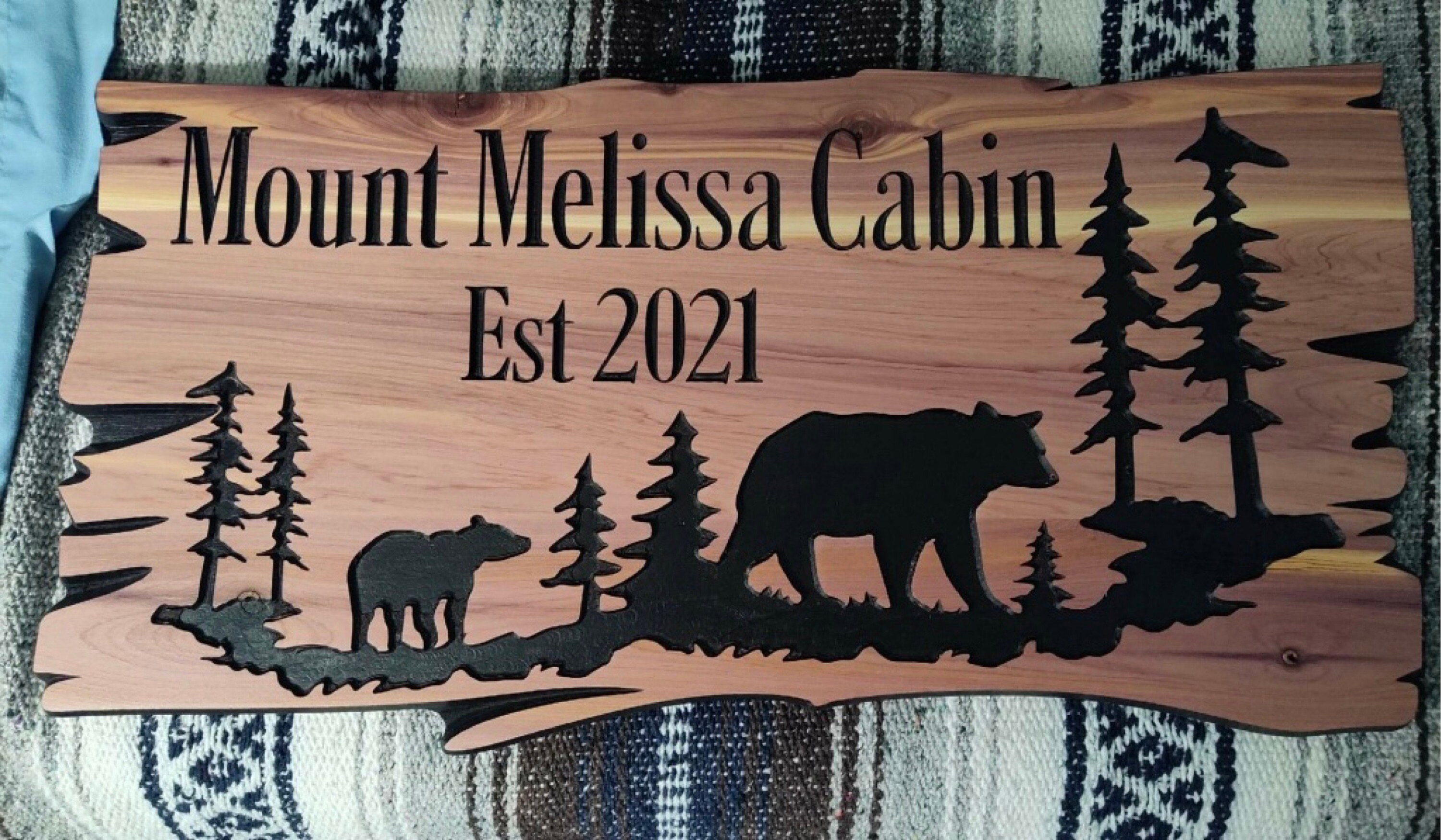 Custom Outdoor Wood Sign, Personalized Sign Engraved Home Decor Cabin Signs, Camp Sign, Address House Numbers Bears Pine Trees Family Name