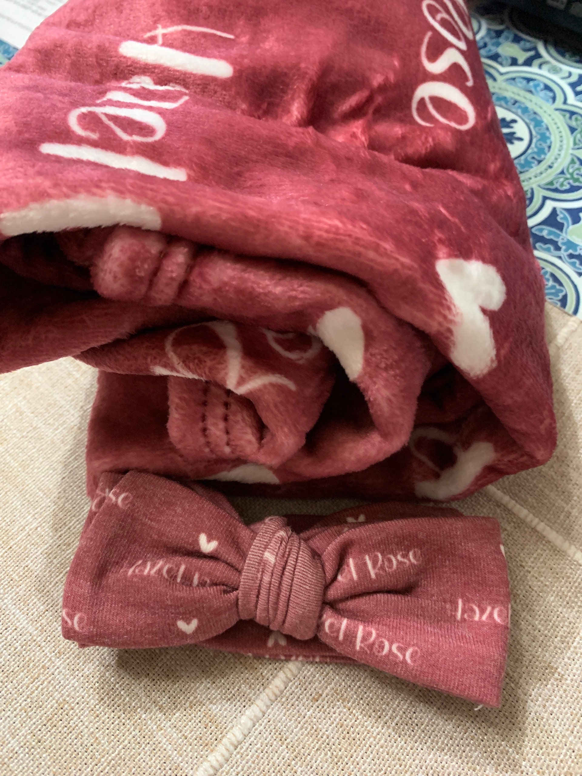 Plush Minky Blanket Set with Hat/Bow, Personalized Name Blanket with Hat, Personalized Jersey Hat, Customized Name Bow