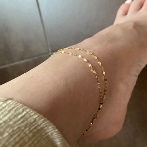 14K Double Stranded Glitter Chain Anklet, 14K Gold Glitter Chain Anklet, Flat Link Chain Gold Anklet, 14K Solid Gold Chain Anklet