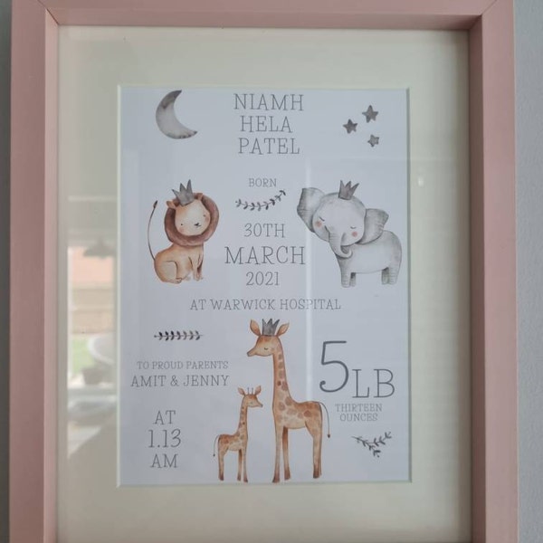 Personalised Safari Animals Print, Including Birth Details, New Baby ...