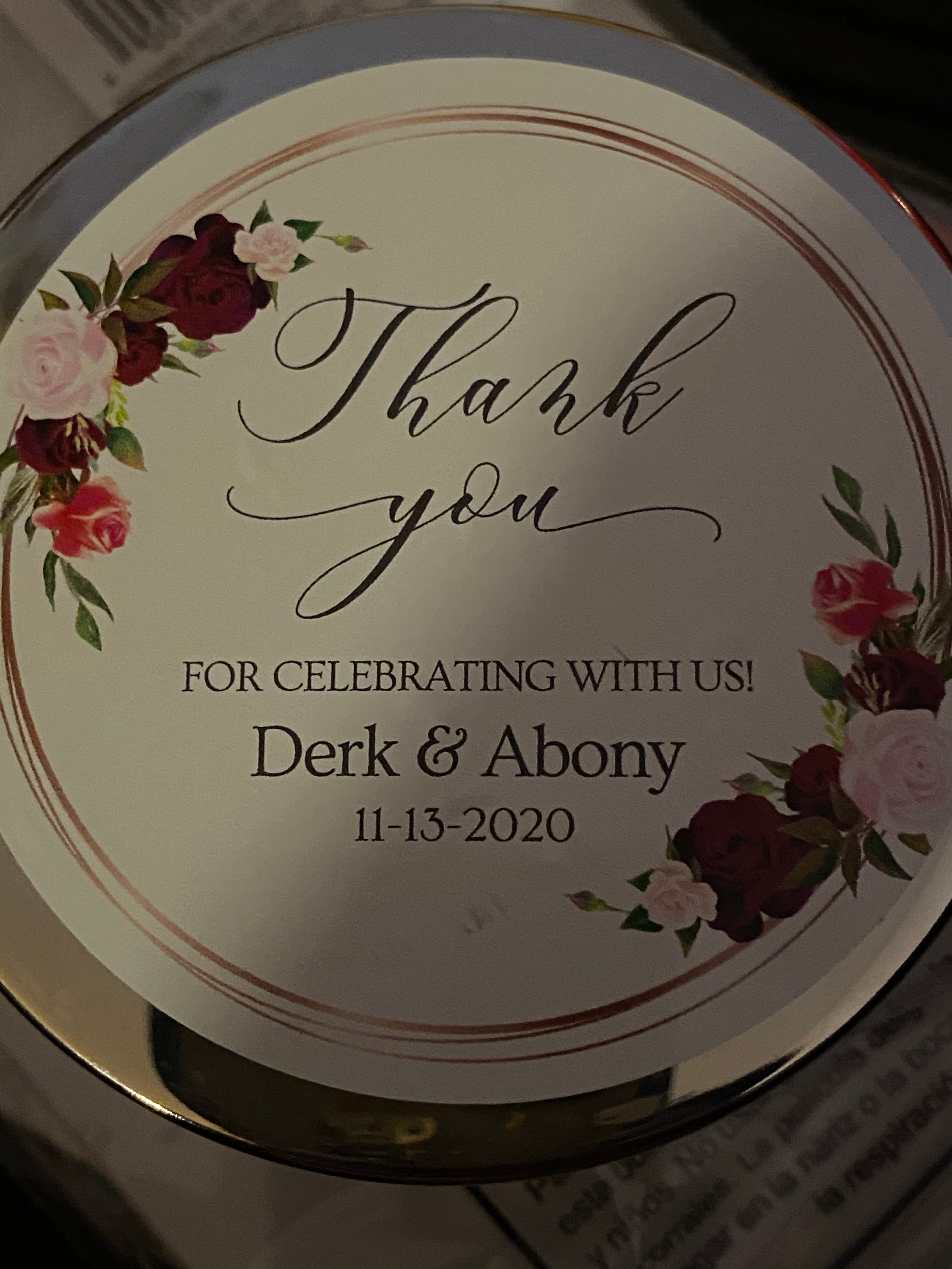 Burgundy Thank You Labels, Wedding Favor Stickers, Stickers for Bridal Shower, Thank You Wedding Label,  Round Stickers, Personalized Labels