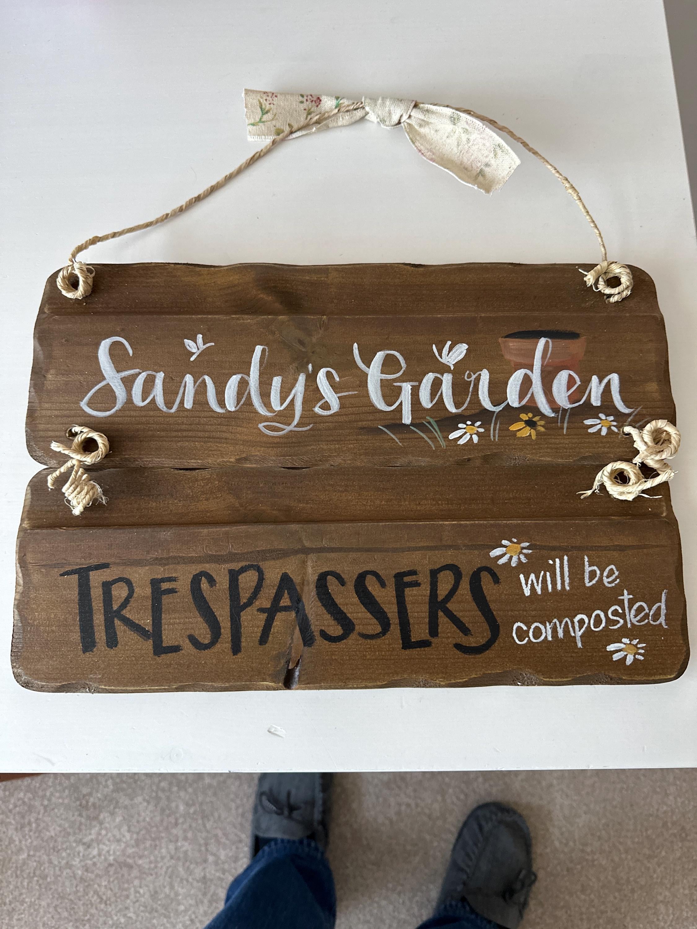 Custom Grandad's garden plaque. Unique birthday, anniversary & memorial gift. Trespassers will be composted sign. Handpainted custom sign