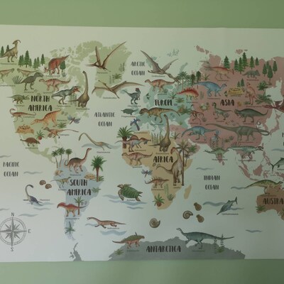 Dinosaur World Map Brown, Dinosaur Wall Art, Kids World Map Print ...
