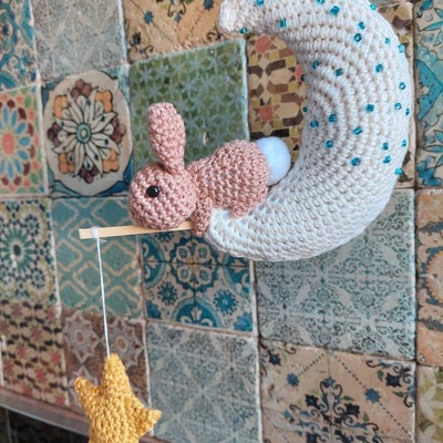 Moon Bunny and Stars Crochet Mobile, Bunny on the Moon Baby Mobile ...