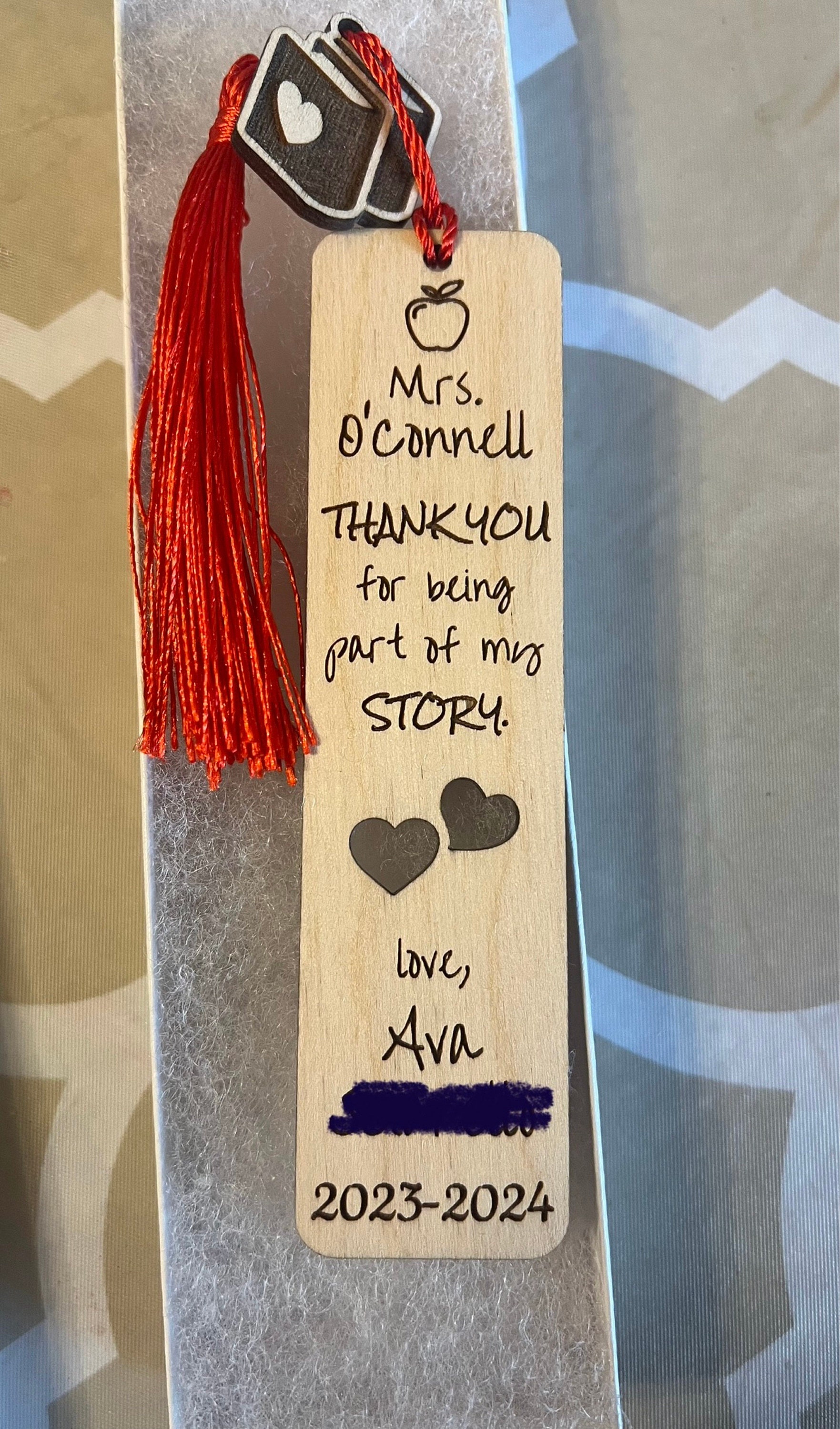 Teacher Appreciation Gift Personalized Thank You Wooden Engraved Bookmark with charm, gift boxed ready to give