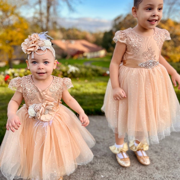 Little Girls Champagne Sequin Bead Chiffon Flower Girl Dress 4-6 main image 1