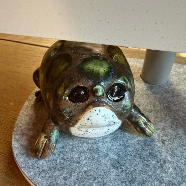 手作りの陶器製カエルの置物：奇妙な彫刻アート、レインフロッグ