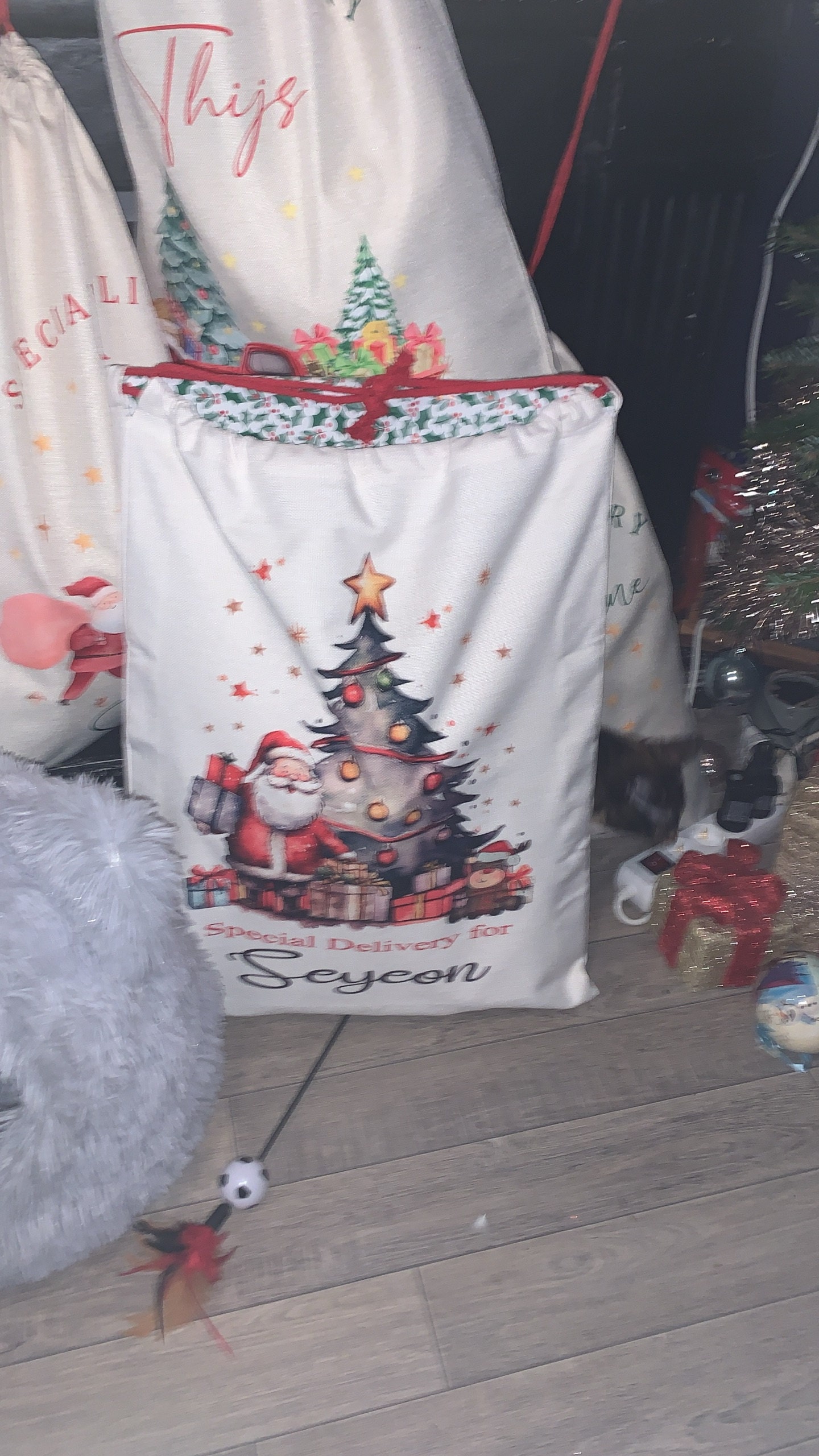 Personalised Santa Sack,Luxury Linen Gift Bag,Christmas Sack Toy Sack/Bag, Snowman, Reindeer, Elf, Festive Ribbon, Presents for Kids, Cute