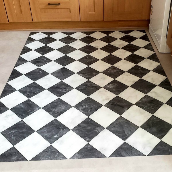Checkered Kitchen Floor Mat, Black and White Vinyl Rug, Patterned ...