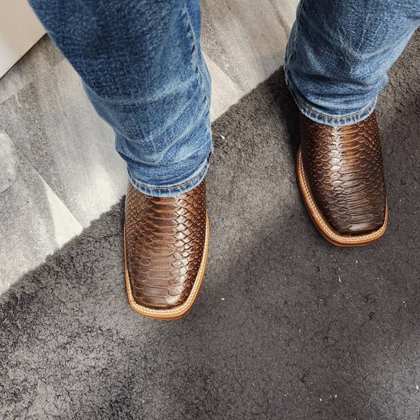 Men's Handmade Python Print Western Cowboy Boots, Square Toe - Etsy