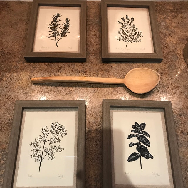 Herb Linoprints. Rosemary, Thyme, Parsley, Dill & Mint. Hand