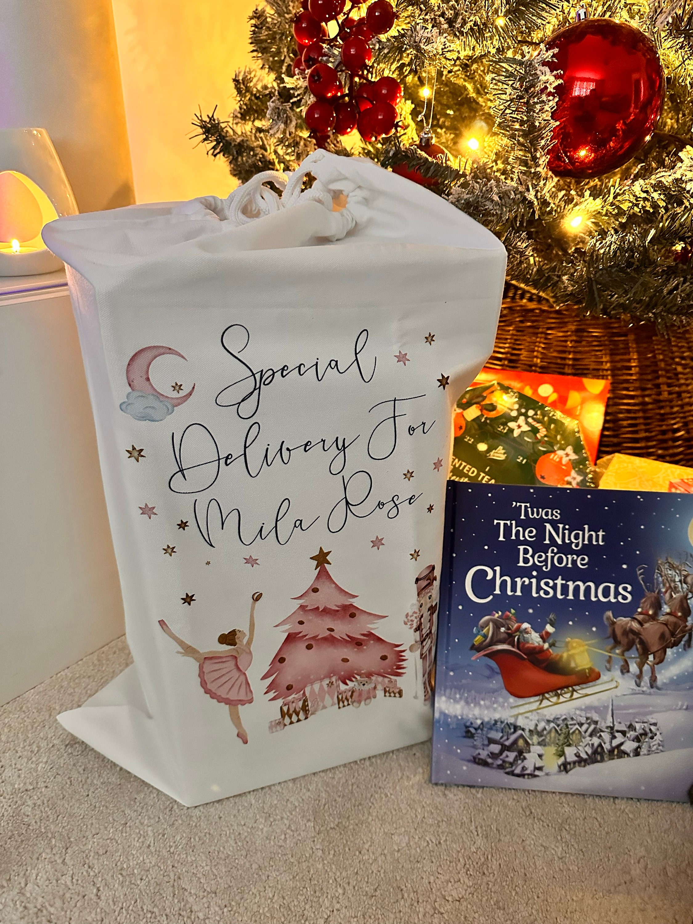 personalised santa sack, Christmas sack, Christmas nutcracker, sugar plum fairy, girl, boy, Christmas Eve box, first Christmas gift, pink