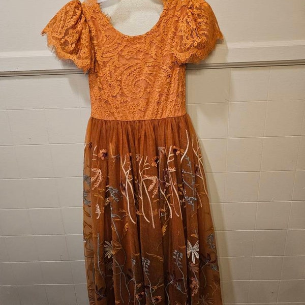 Orange Tossed Boho Floral Twirl Dress For Fall