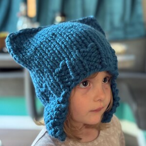 Chunky Knit Hat, Cat Ears, Blue Pussyhat, Blue Pussy Hat, Blue Cat