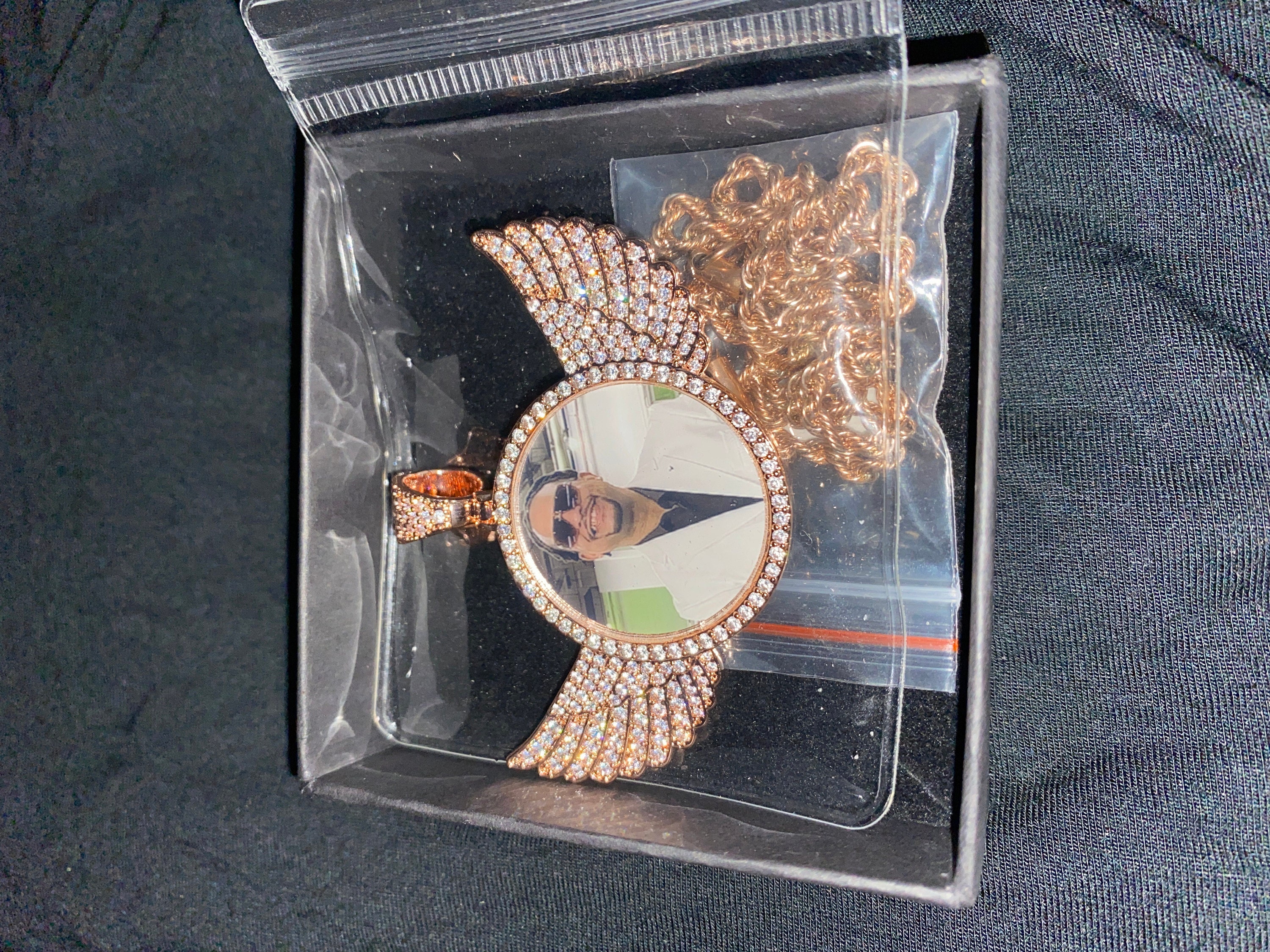 Personalized Diamond Studded Angel Wings Photo Necklace, Photo Necklace, Hip Hop Photo Pendant, Iced Custom Round Photo Pendant