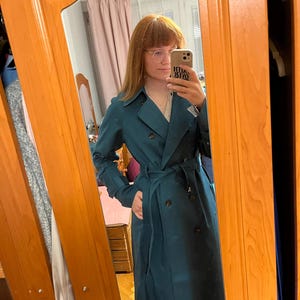 Teal Maxi Trench Coat, Blue-green Oversized Fall Spring Coat, Long