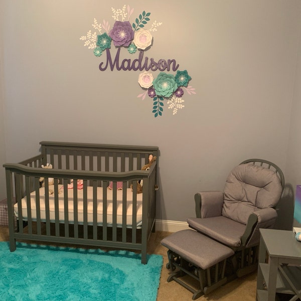Purple and Gray Nursery Wall Decor, Paper Flowers Arrangement for Girl ...