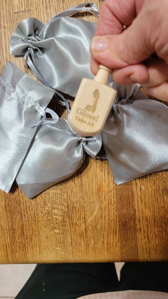 Wooden Dreidel Engraved with Hebrew and English Instructions