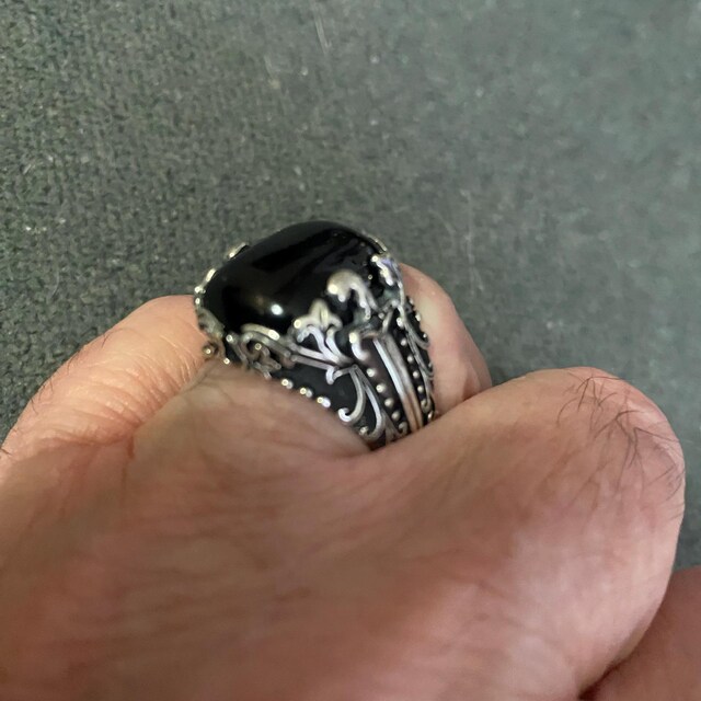Silver Onyx Ring, Men Handmade Sword Black Onyx Ring, Onyx Signet
