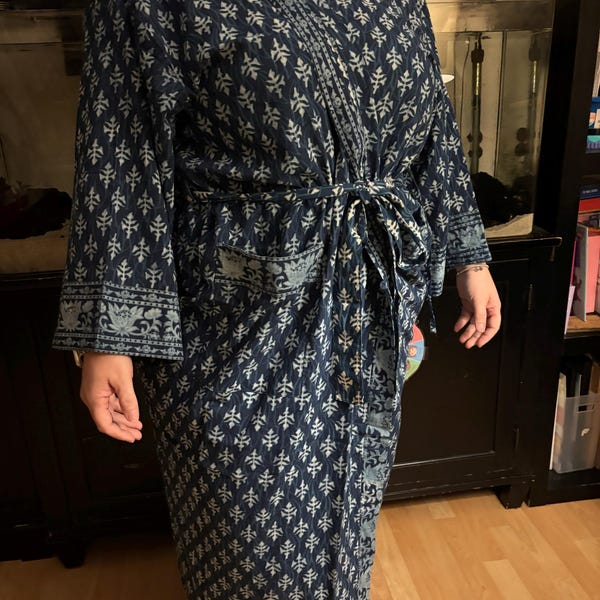 Indigo Cotton Kimono Robes for Women Indian Dressing Gown Unisex ...