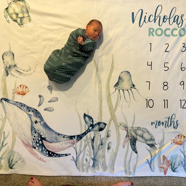 Under the Sea Baby Milestone Blanket, Whale Baby Blanket, Ocean Nursery ...