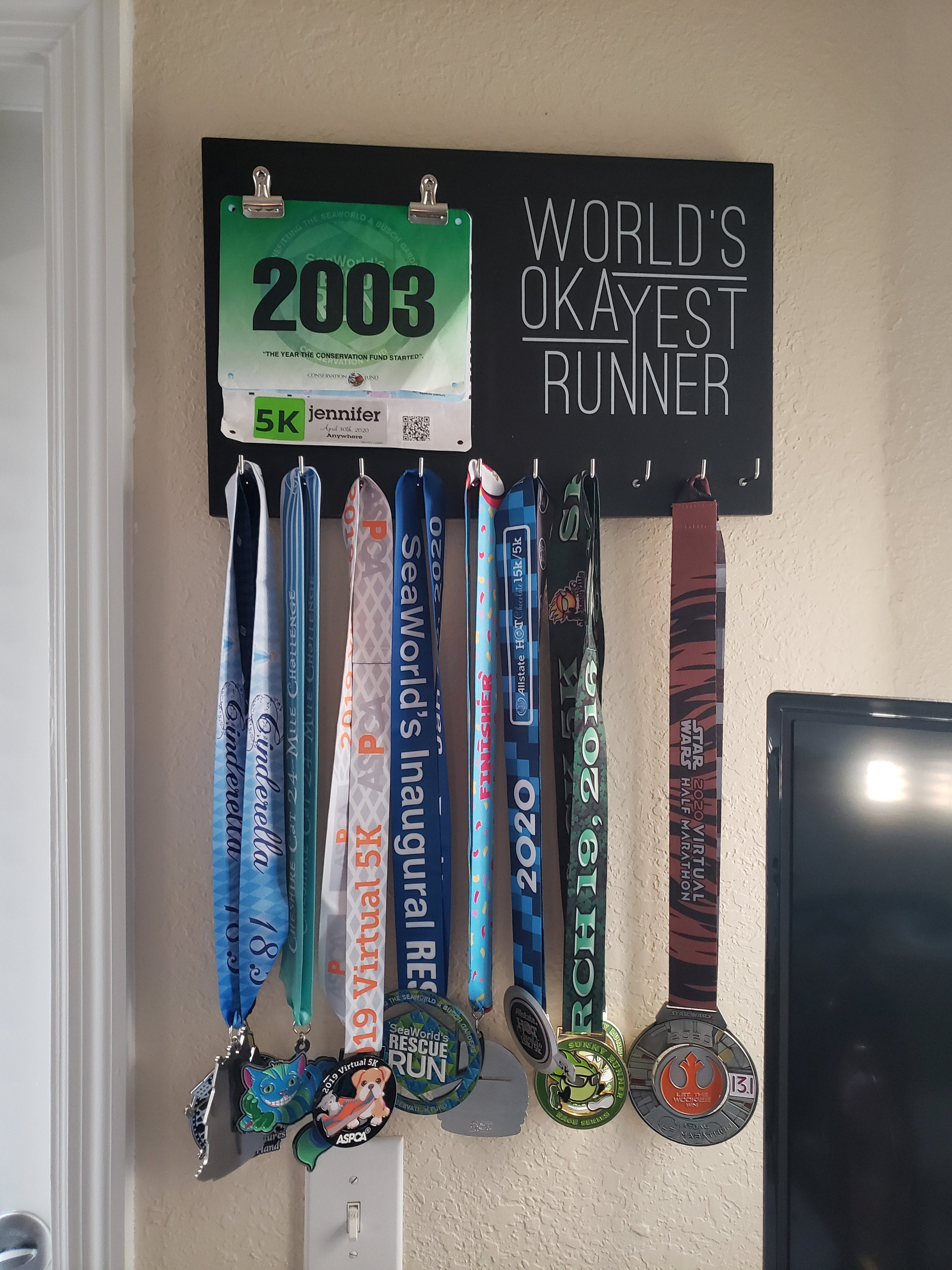 Running Medal Bib Holder Worlds Okayest Runner - Medal Holder, Medal Rack, Medal Display, Race Bib Display, Race Bib Holder