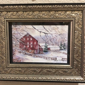 First Snow: Red Barn in Snow, Snow Scene Painting, Winter Landscape ...