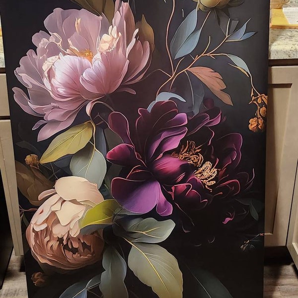 Moody Floral Painting Peony Dark Botanical Wall Art Poster Dark Boho ...