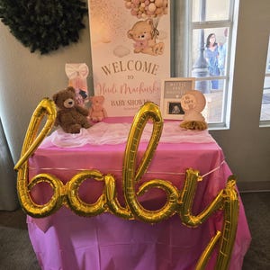 Editable Bear Pink Gold Welcome Baby Shower Sign, Gold Bear Pink Sign, Welcome Poster Bear Sign, Clouds Bear Bear Sign Pink Gold Decorations