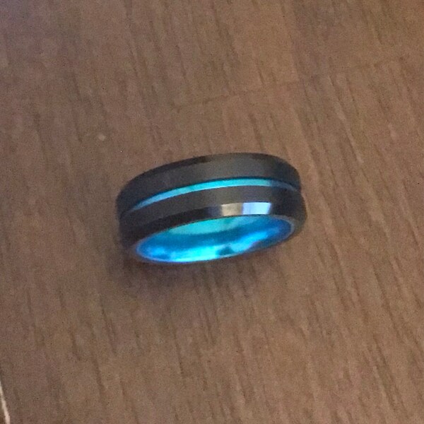 Black Blue Tungsten Ring, Blue Thin Line Tungsten Ring, Black Tungsten ...