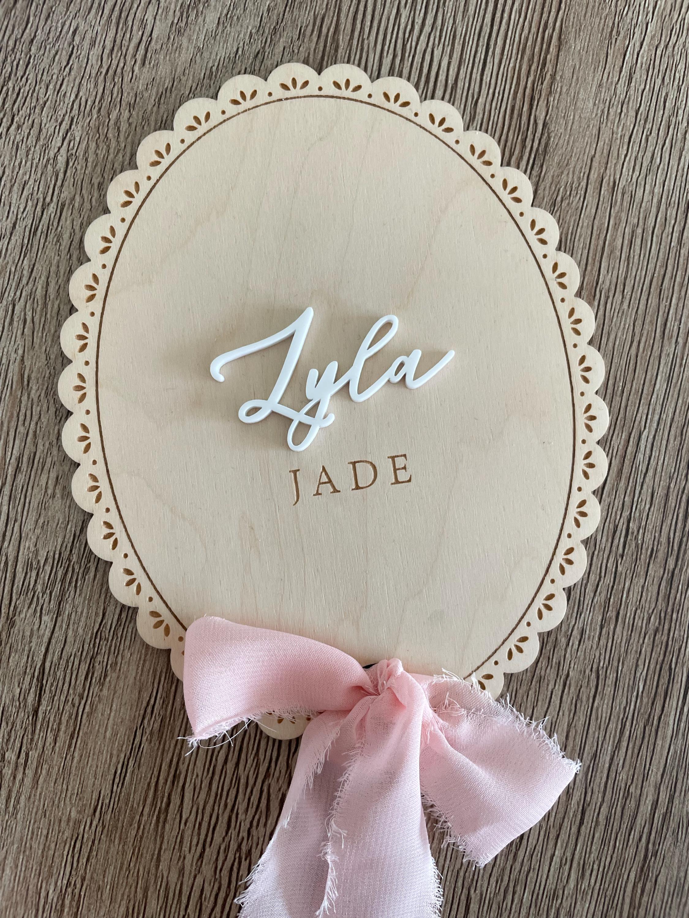 Ribbon Bow Name Sign | Personalized Hospital Birth Announcement | Baby Gift | Baby Photo Prop | Vintage Lace Trim Coquette