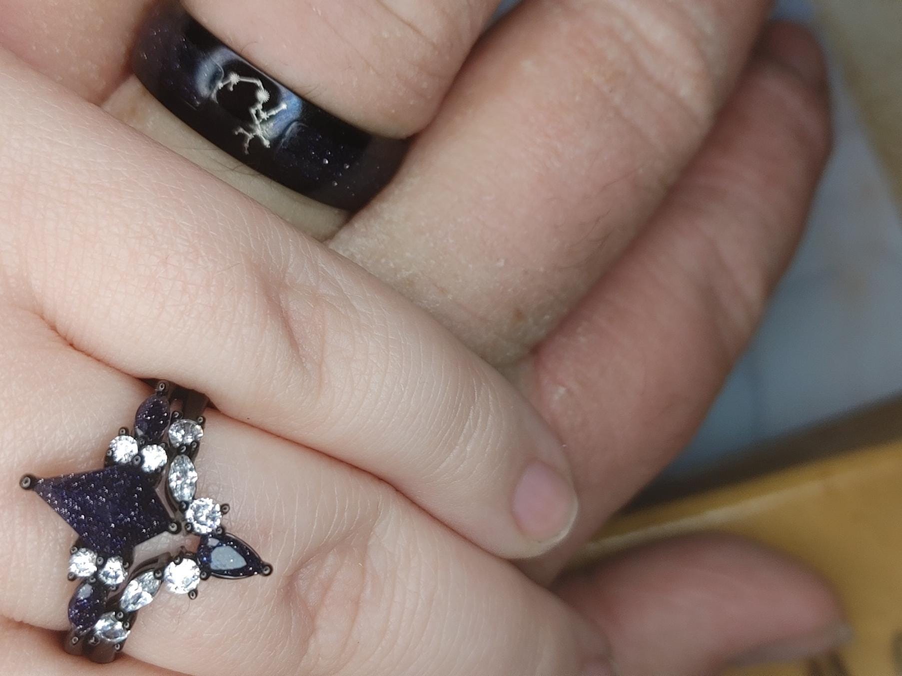 Nebula Couple&#39;s Ring Set, 3pc Wedding Band Set, Customize Constellations Rings, Blue Sandstone Ring Engagement Ring Wedding Anniversary Gift