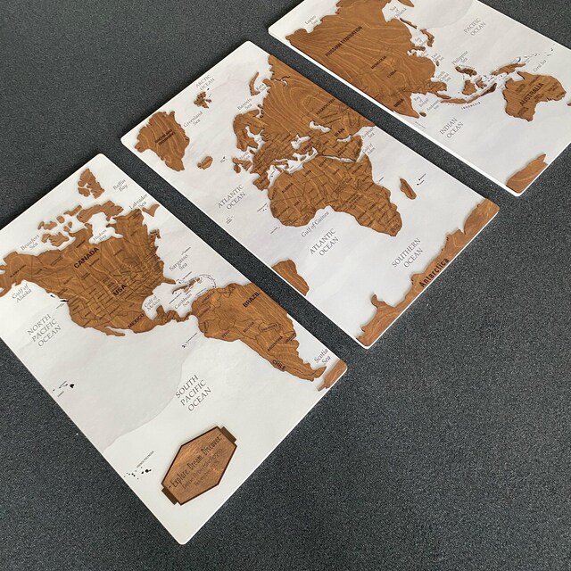 木製世界地図ウォールアート、プッシュピン旅行世界地図、大型