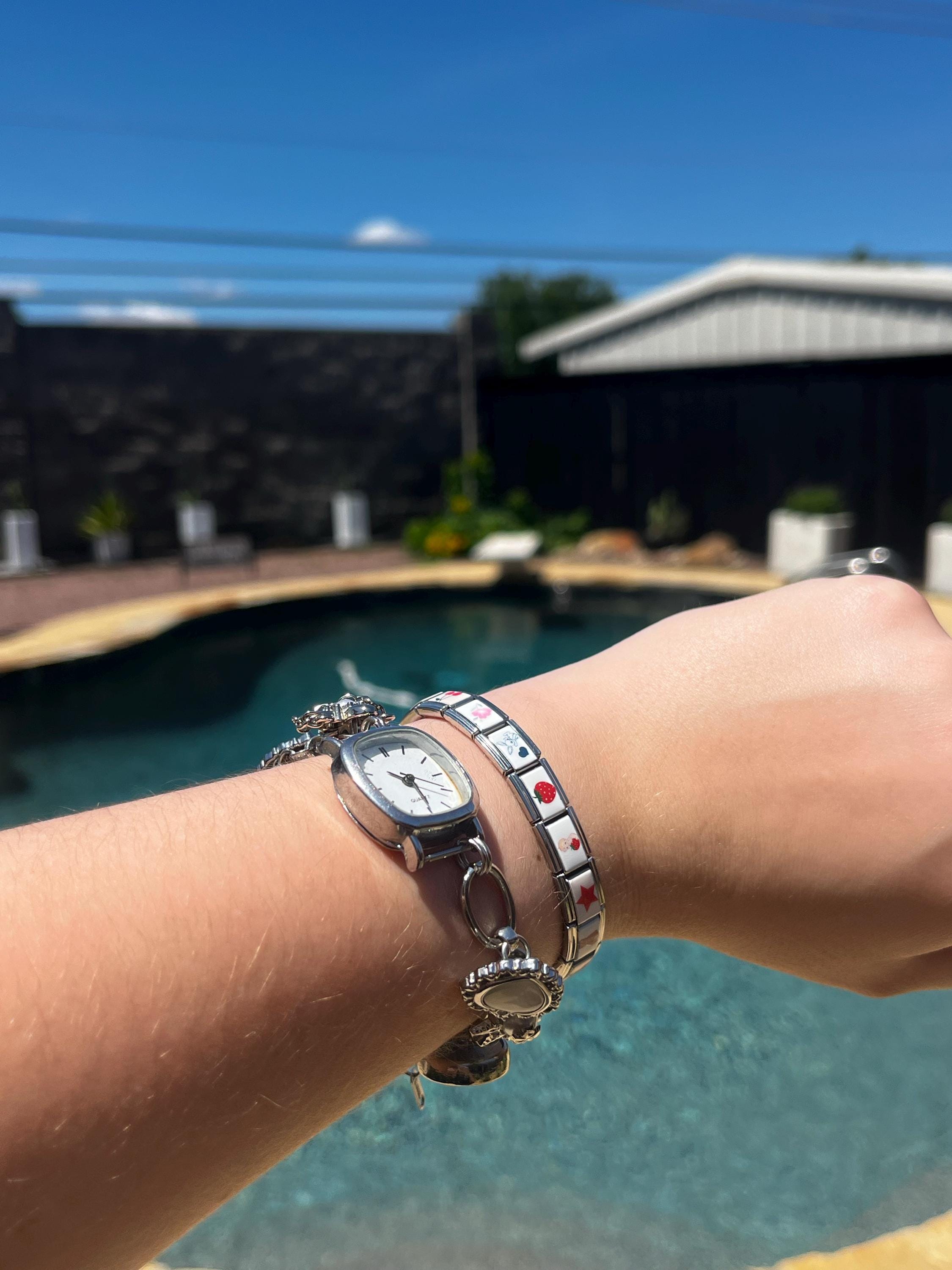 Punk Watch Bracelet | Black & White Y2k Clock Bracelet | Floral Charms Pendent Bracelet | Vintage Women Watch Sliver Chain,Personalized Gift