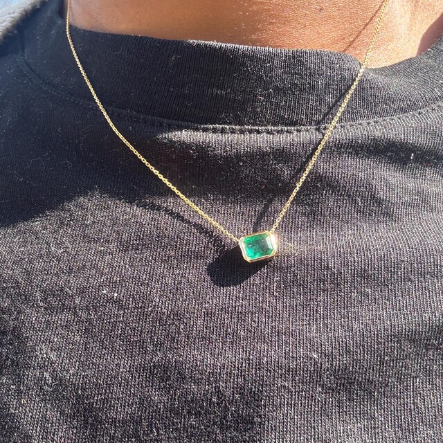 Natural Emerald Necklace. Bezel Set Octagonal Zambian